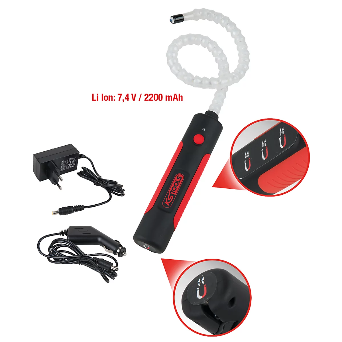 Zwarte, rode LED-lamp met flexibele tip, opladers en detailweergaven.